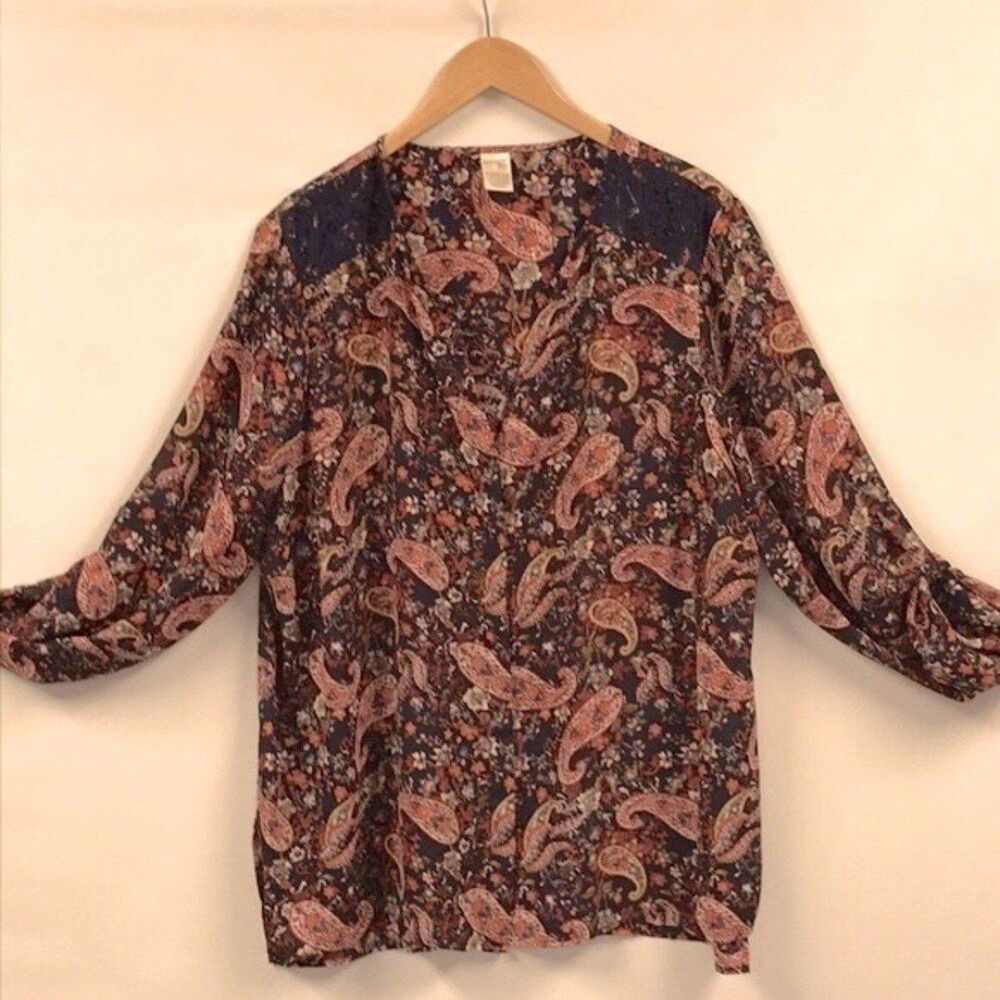 TERRA & SKY Blue Cove Orange Paisley Print‎ Blouse Sz 2X (20W-22W) Shirt Top XXL